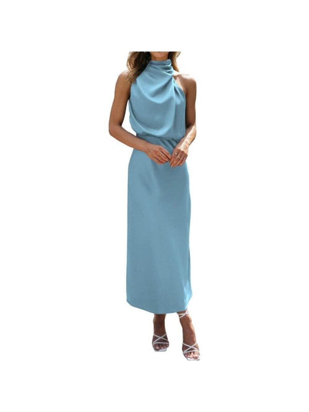 Women's Light Blue Cocktail Dressess for Satin Silk Sleeveless High Waist Maxi